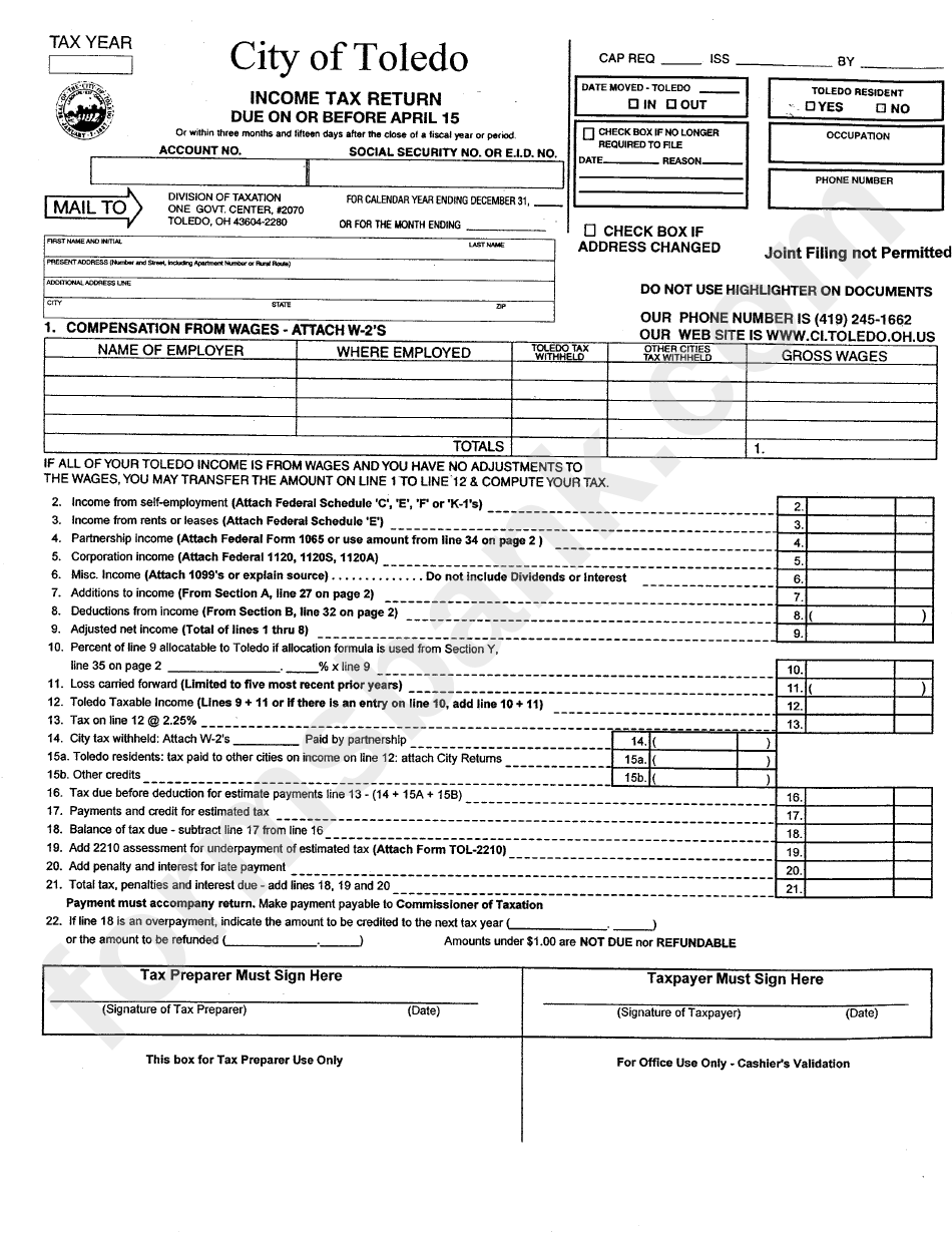 Delaware Withholding Tax Registration Form WithholdingForm Com   Income Tax Return City Of Toledo Printable Pdf Download 