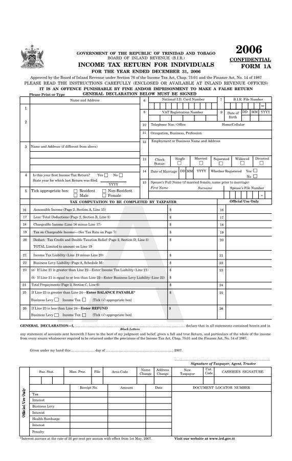 Income Tax Return For Individuals Form 1a Inland Revenue Division 