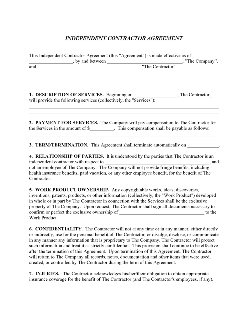 Independent Contractor Agreement Form Free Printable Legal Forms