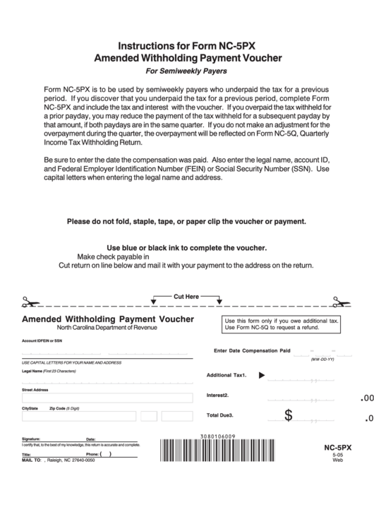 Instructions For Form Nc 5px Amended Withholding Payment Voucher 