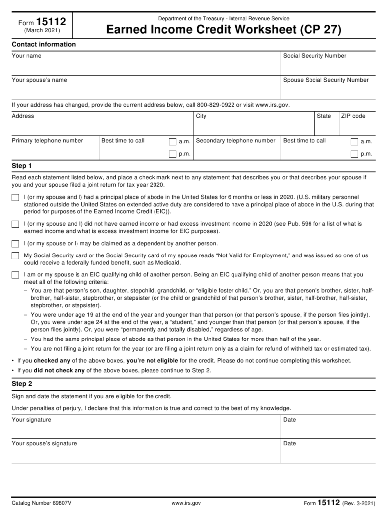 IRS Form 15112 Download Fillable PDF Or Fill Online Earned Income