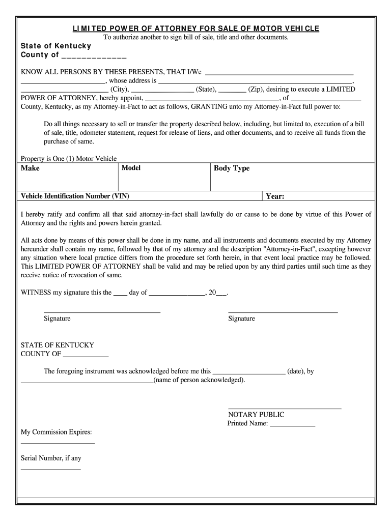 Kentucky Power Of Attorney Form Vehicle Fill Online Printable 