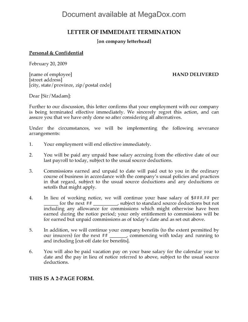 Letter Of Immediate Termination Of Employment Legal Forms And 