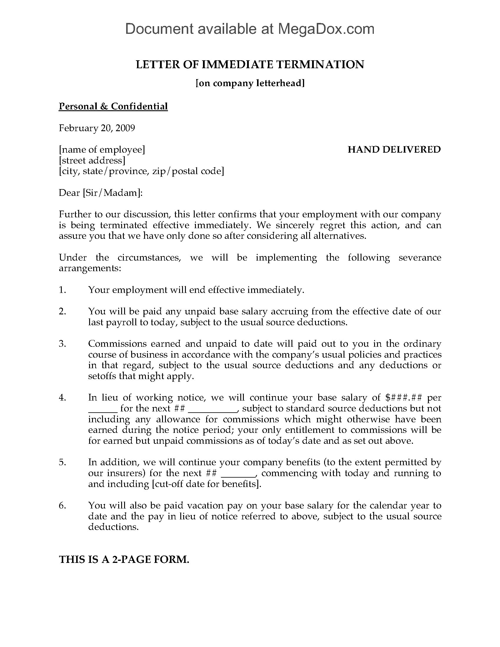 Letter Of Immediate Termination Of Employment Legal Forms And 