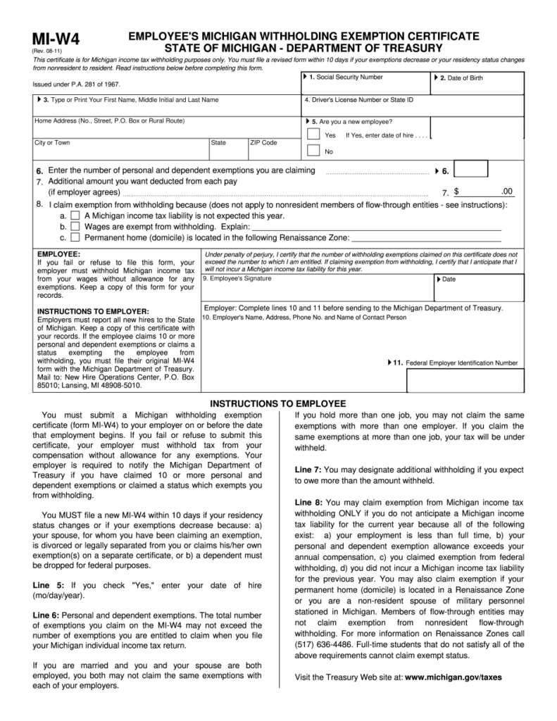 MI W4 Printable Form Employee s Michigan Withholding Exemption 