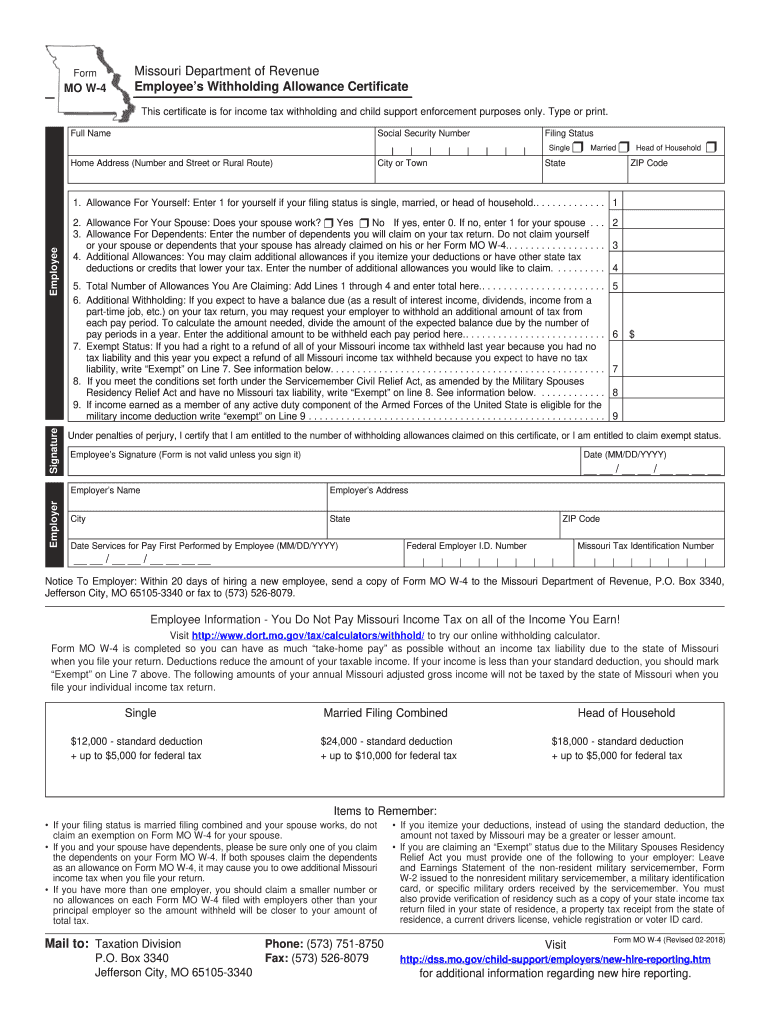MO W 4 2018 Fill Out Tax Template Online US Legal Forms