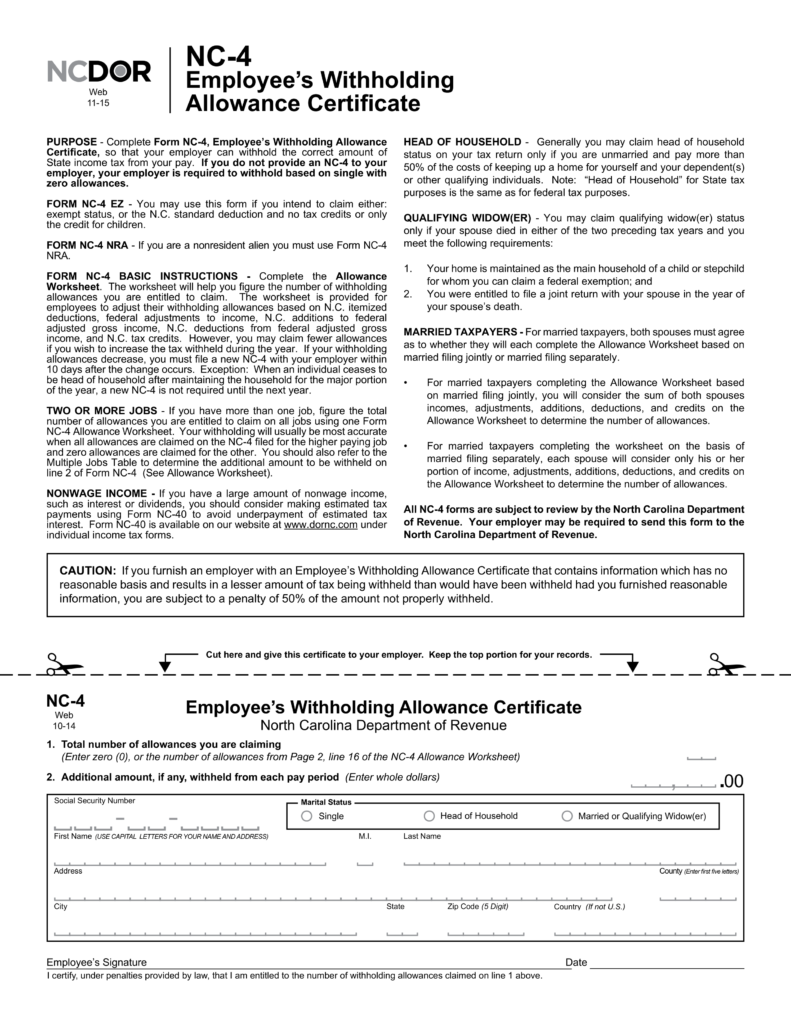 NC 4 Employee s Withholding Allowance Certificate North Carolina State 