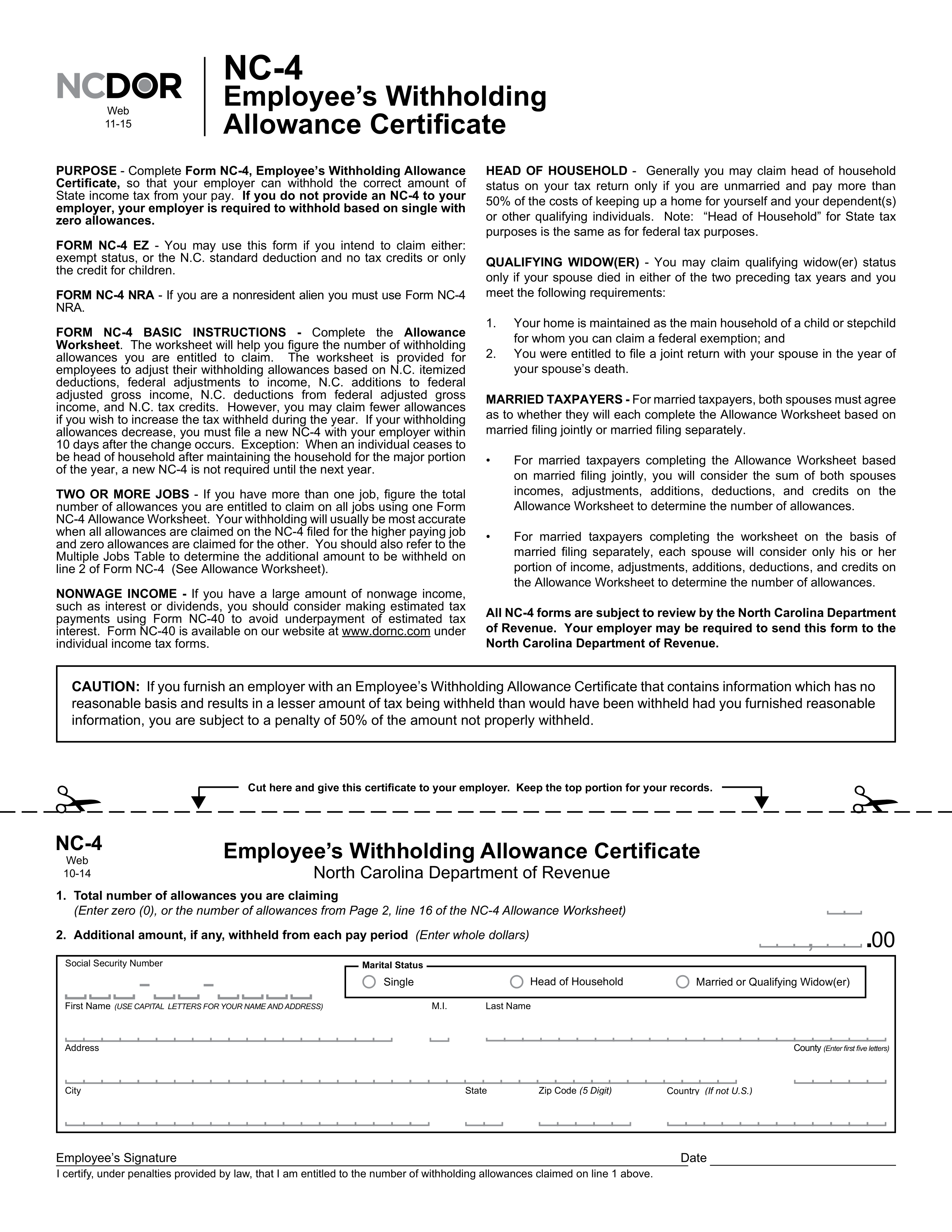 NC 4 Employee s Withholding Allowance Certificate North Carolina State 