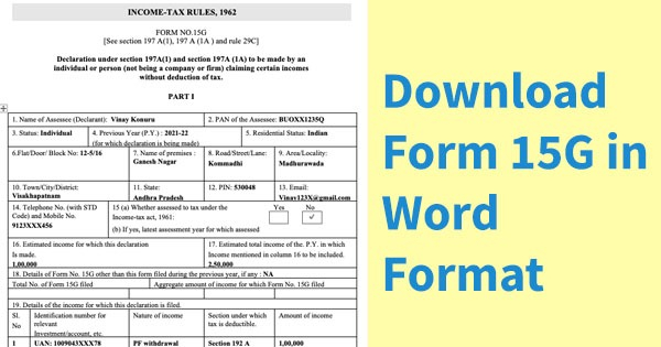 New Form 15G In Word Format For AY 2022 23 Download