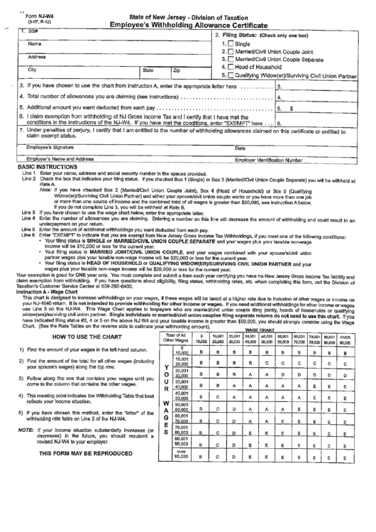 Nj Form W 4 Employee S Withholding Allowance Certificate New Jersey 