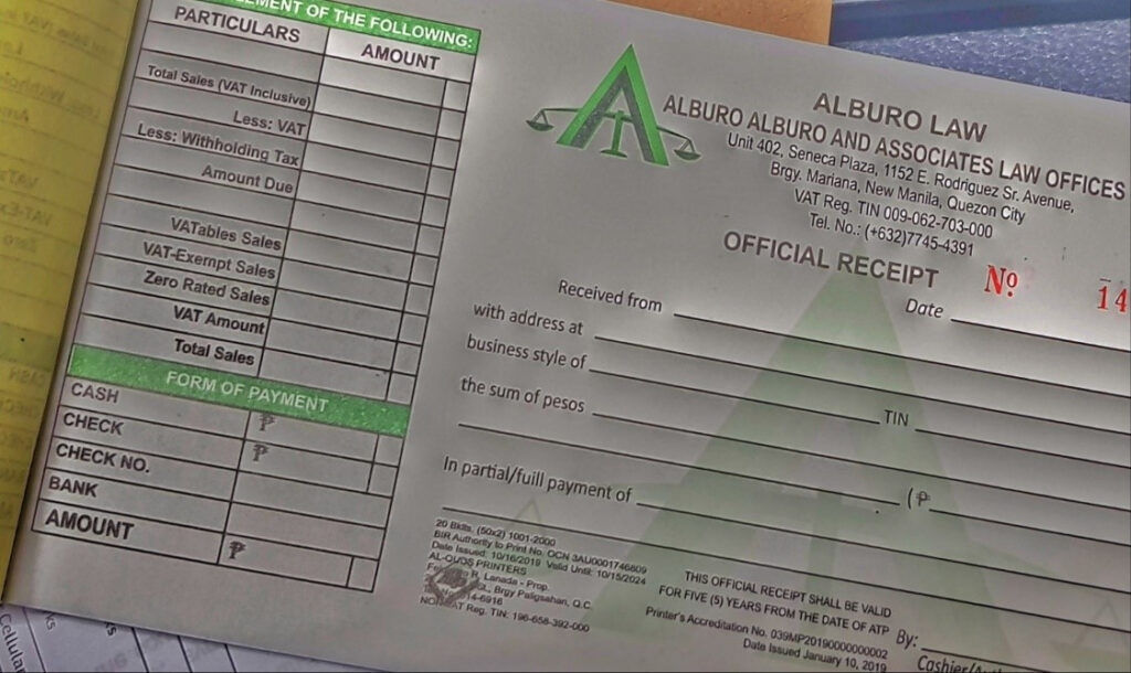 Official receipt ALBURO ALBURO AND ASSOCIATES LAW OFFICES