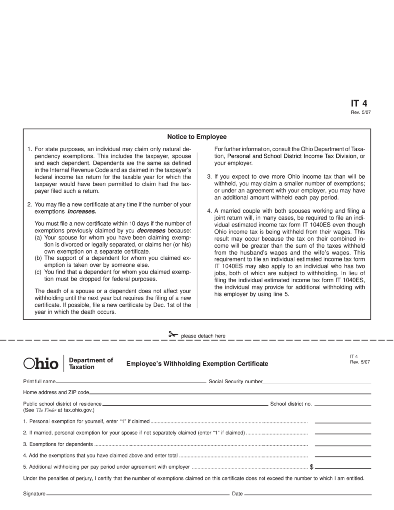 Ohio Form IT 4 Printable Employee s Withholding Exemption Certificate