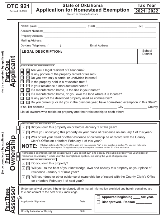 OTC Form 921 Download Fillable PDF Or Fill Online Application For 