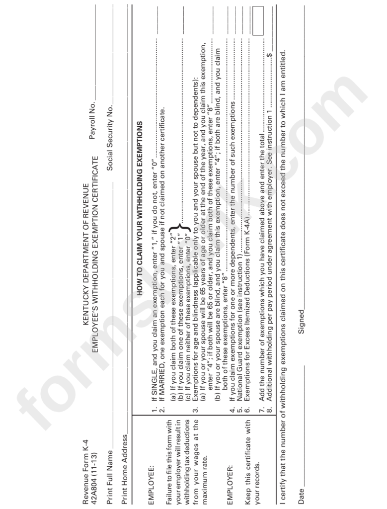 Revenue Form K 4 Employee S Withholding Exemption Certificate 2013 