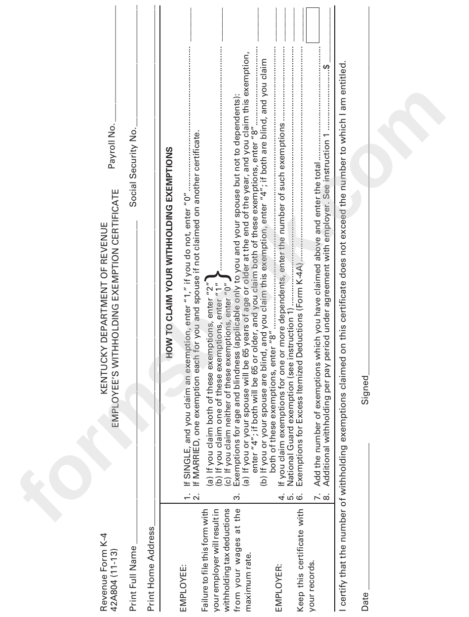 Revenue Form K 4 Employee S Withholding Exemption Certificate 2013 