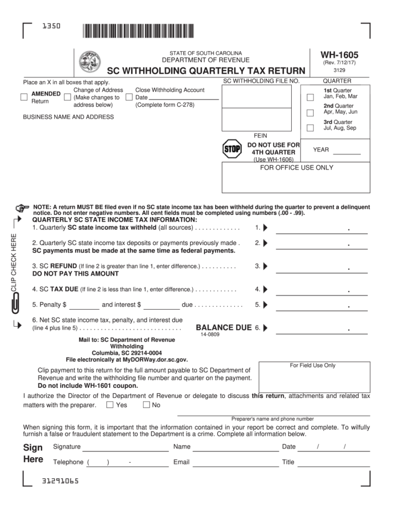 South Carolina Form WH 1605 Printable SC Withholding Quarterly Tax Return