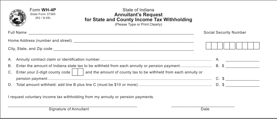 State Form 37365 WH 4P Download Fillable PDF Or Fill Online Annuitant 