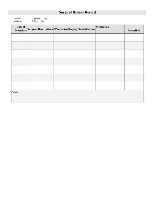 Surgical History Record Printable Pdf Download