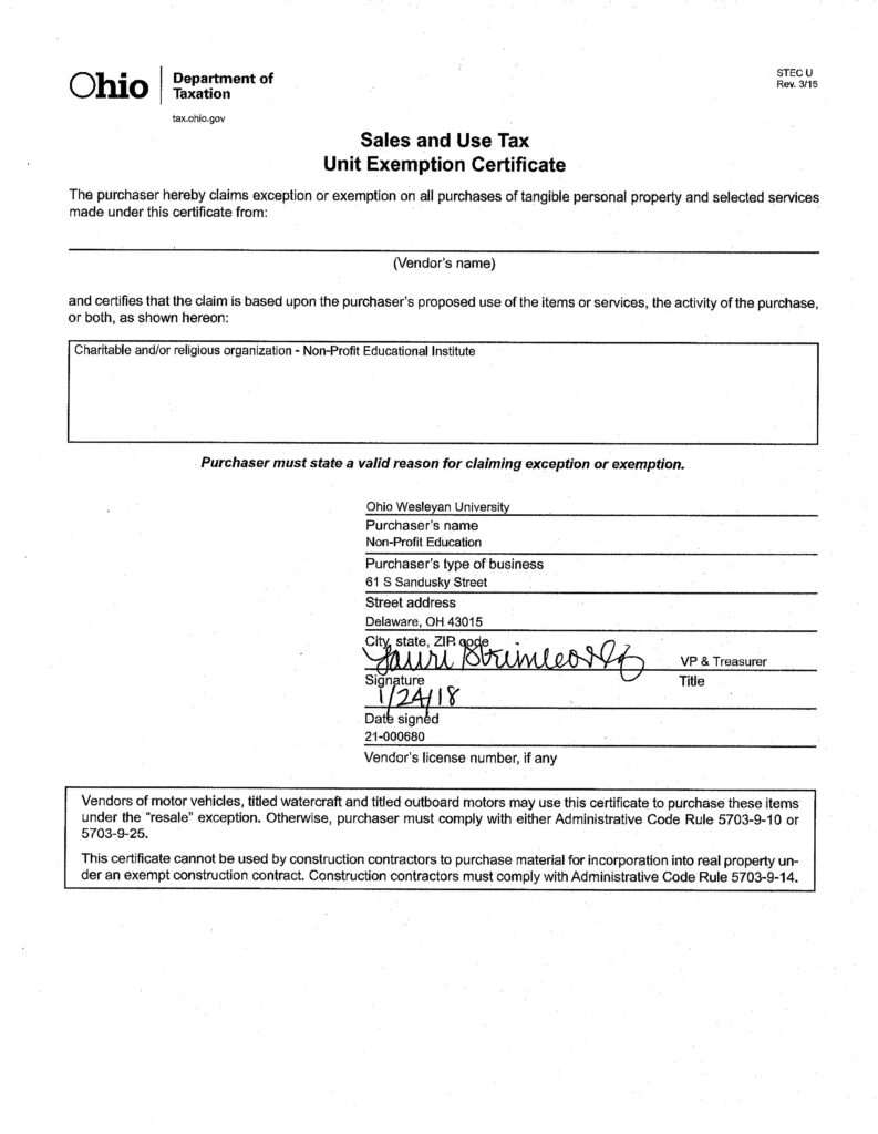 Tax Exempt Forms Ohio Wesleyan University