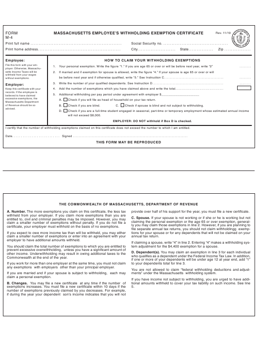 What Is Form M 4 2022 Massachusetts Employee s Withholding Exemption