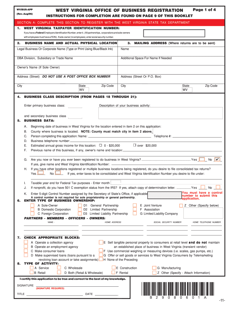 2006 Form WV WV BUS APP Fill Online Printable Fillable Blank PdfFiller