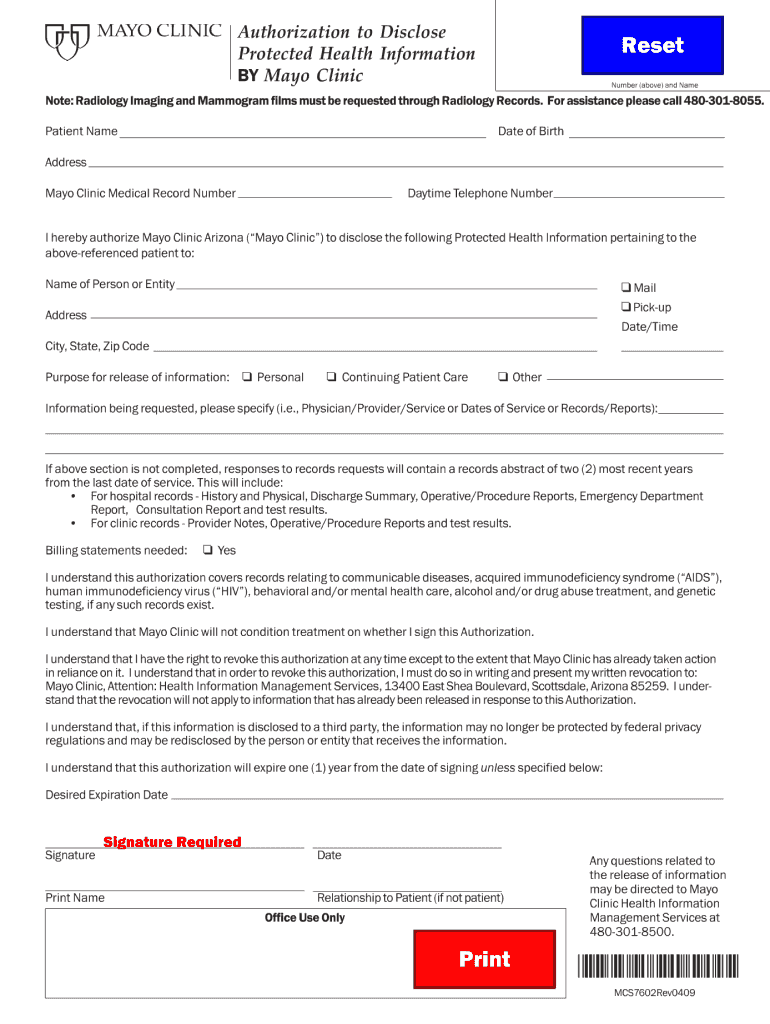 2009 Form Mayo Clinic MCS7602 Fill Online Printable Fillable Blank 