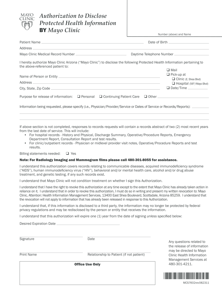 2011 Form Mayo Clinic MCS7602 Fill Online Printable Fillable Blank 