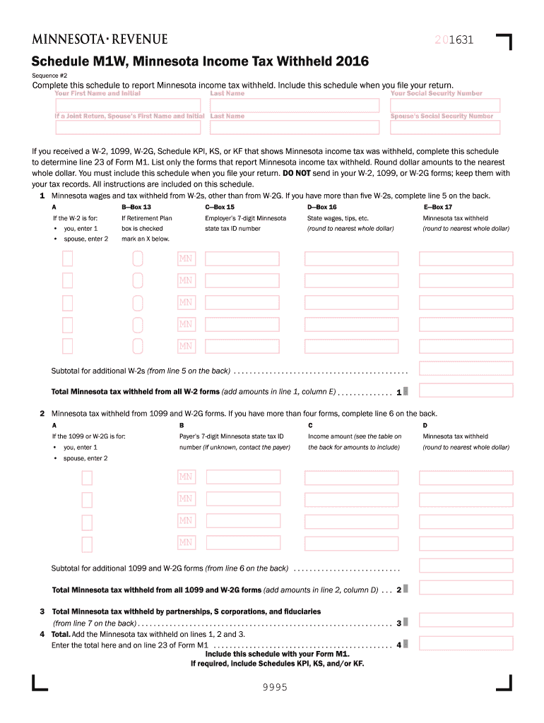 2016 Form MN M1W Fill Online Printable Fillable Blank PdfFiller