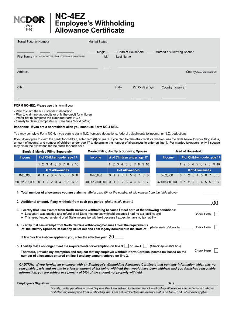 2016 Form NC DoR NC 4 EZ Fill Online Printable Fillable Blank 