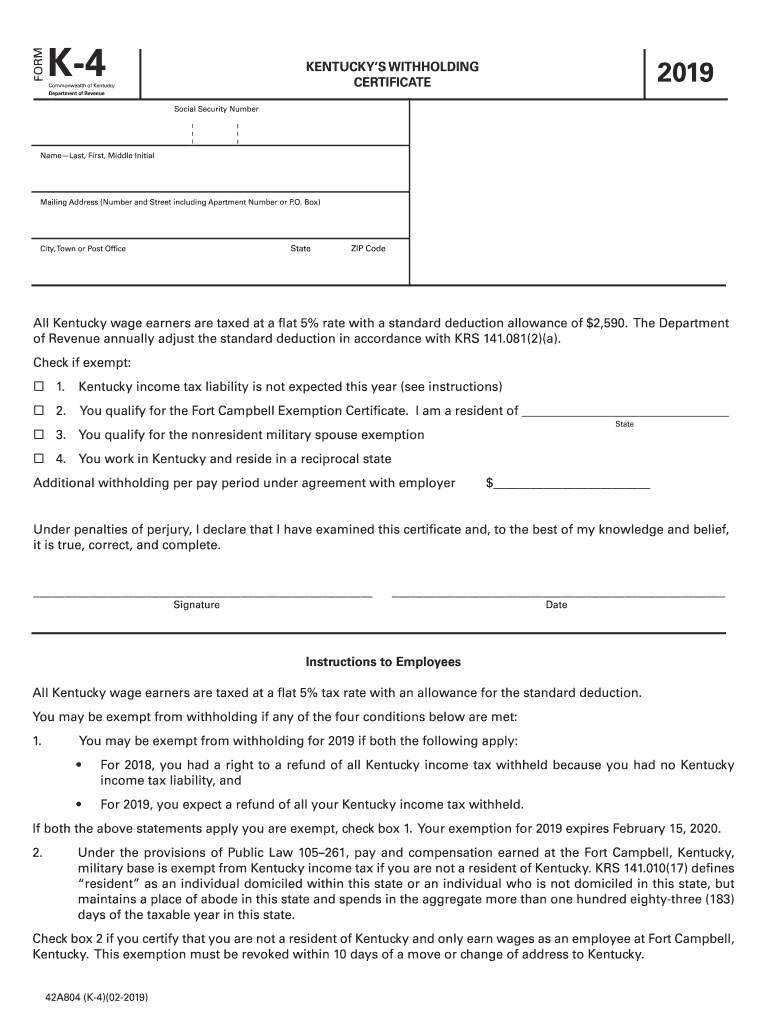 2019 KY DoR 42A804 Form K 4 Fill Online Printable Fillable Blank 