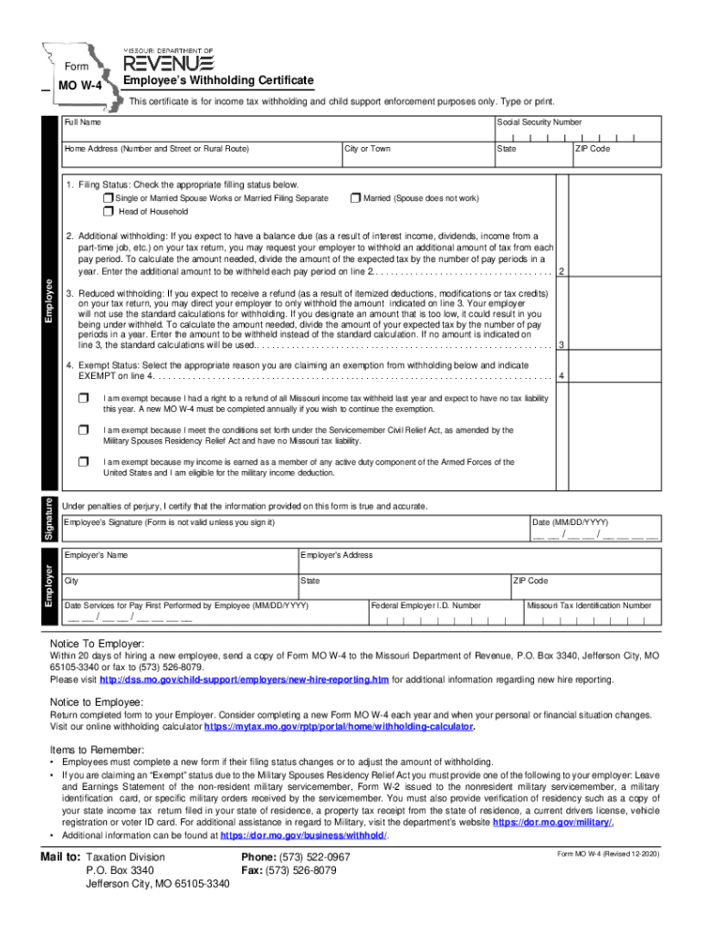 2020 Form MO W 4 Fill Online Printable Fillable Blank PdfFiller