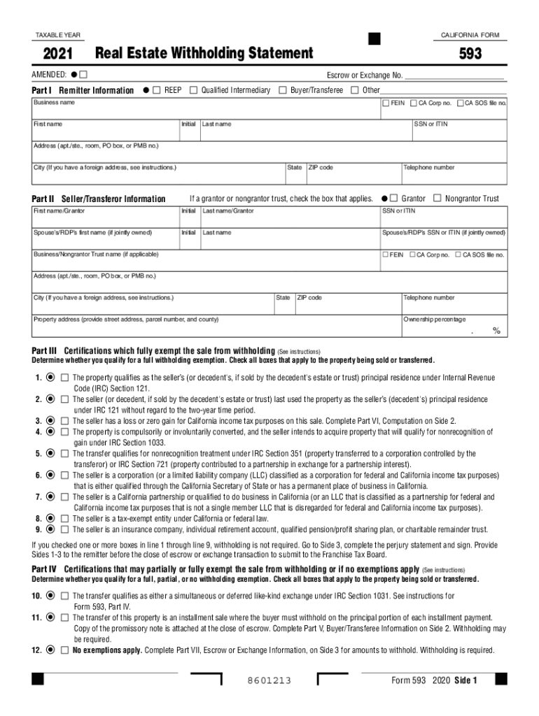 2021 Form 593 Real Estate Withholding Statement 2021 Form 593 Real 
