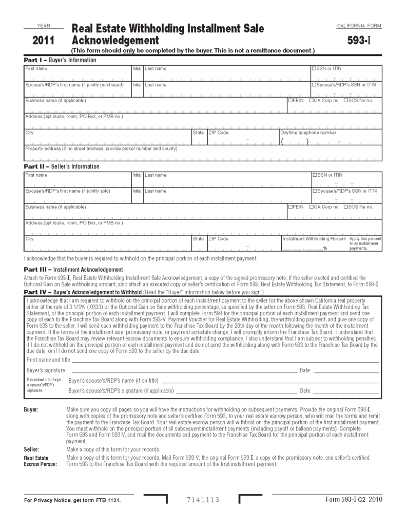 593I Form Real Estate Withholding Installment Sale Acknowledgment