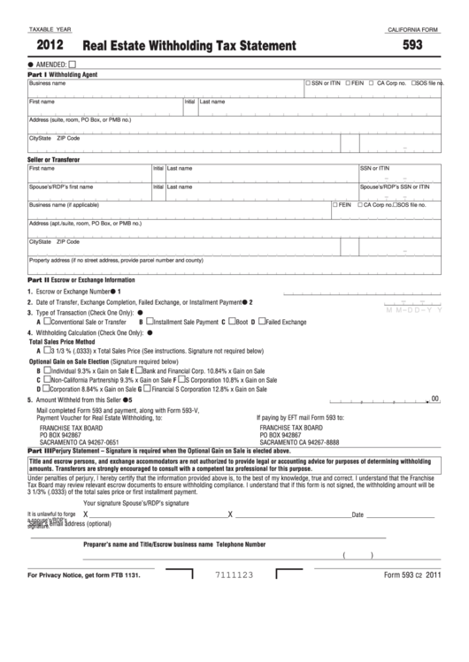 California Form 593 Real Estate Withholding Tax Statement 2012 