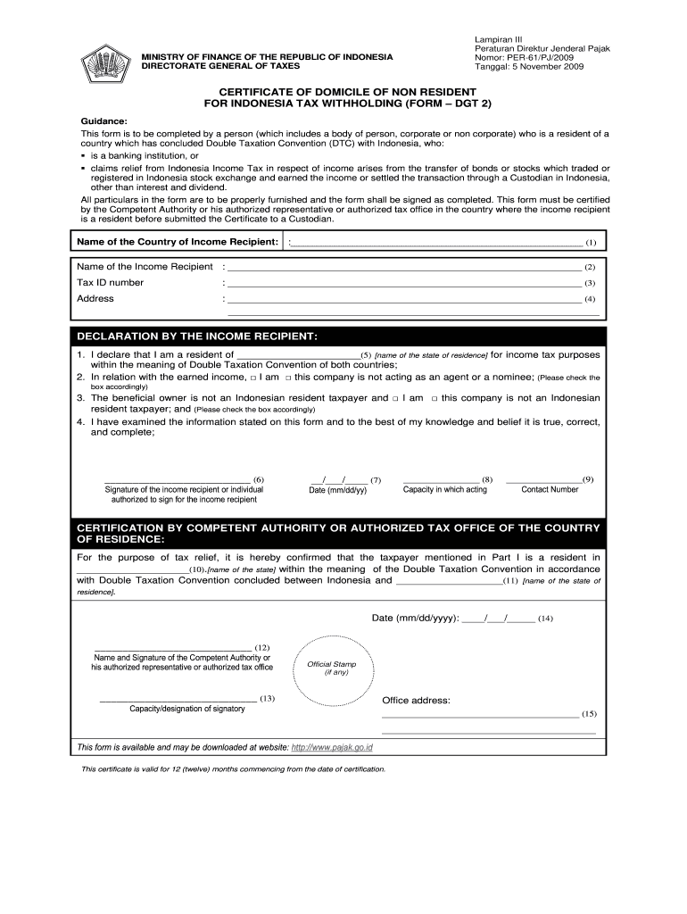 Certificate Of Domicile Of Non Resident For Indonesia Withholding Tax 