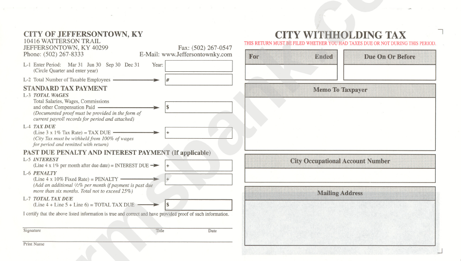 City Withholding Tax Form Printable Pdf Download