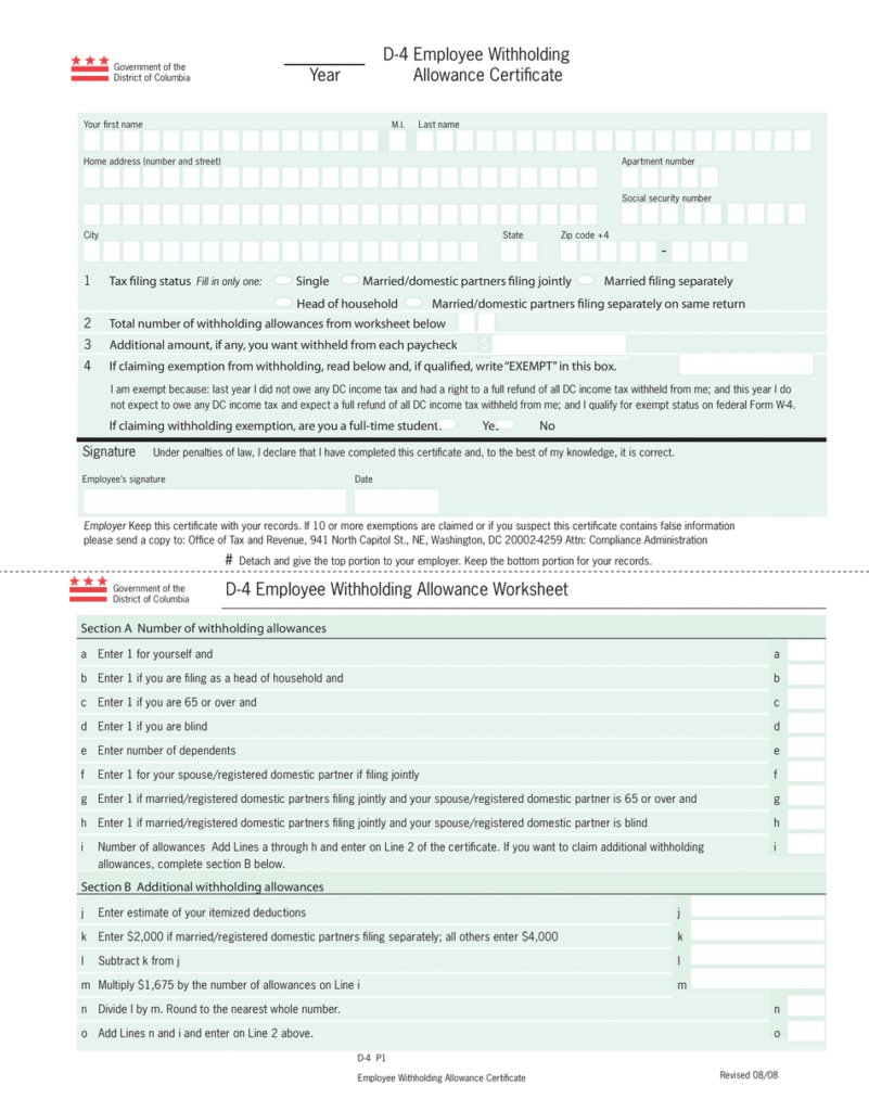 D 4 2021 Employee Withholding Allowance Certificate DC Tax 