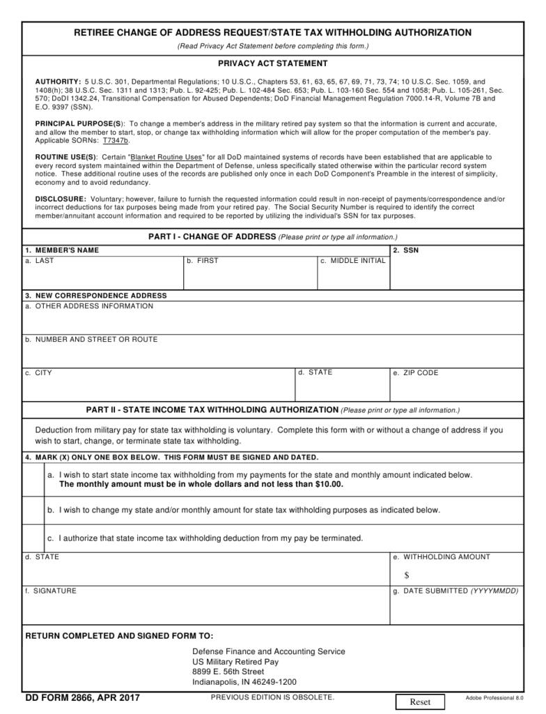 DD Form 2866 Download Fillable PDF Or Fill Online Retiree Change Of 