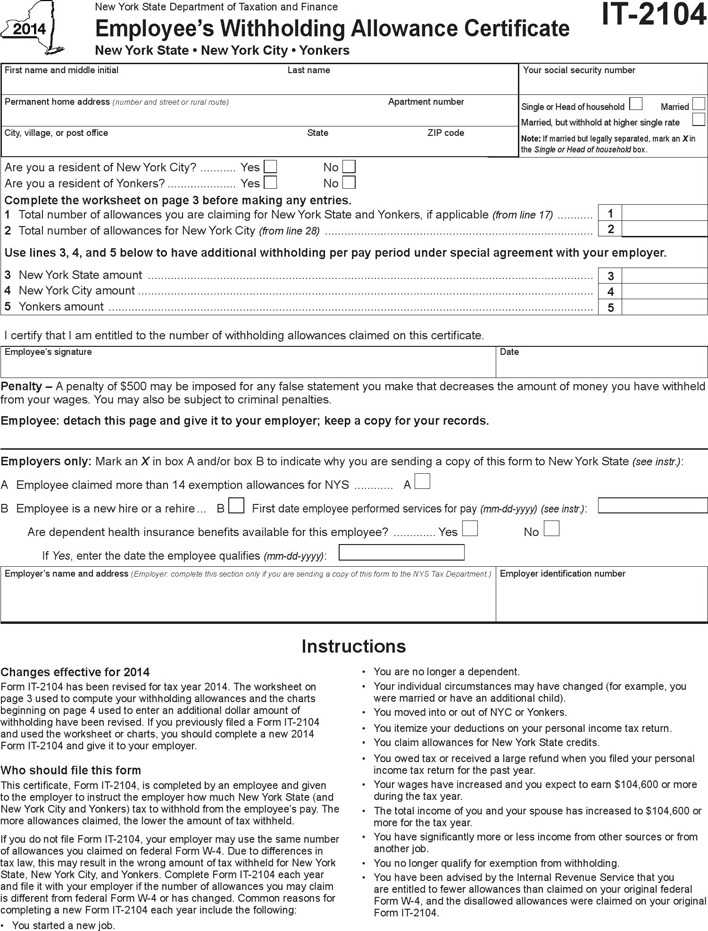 Download NY IT 2104 Employee s Withholding Allowance Form For Free 