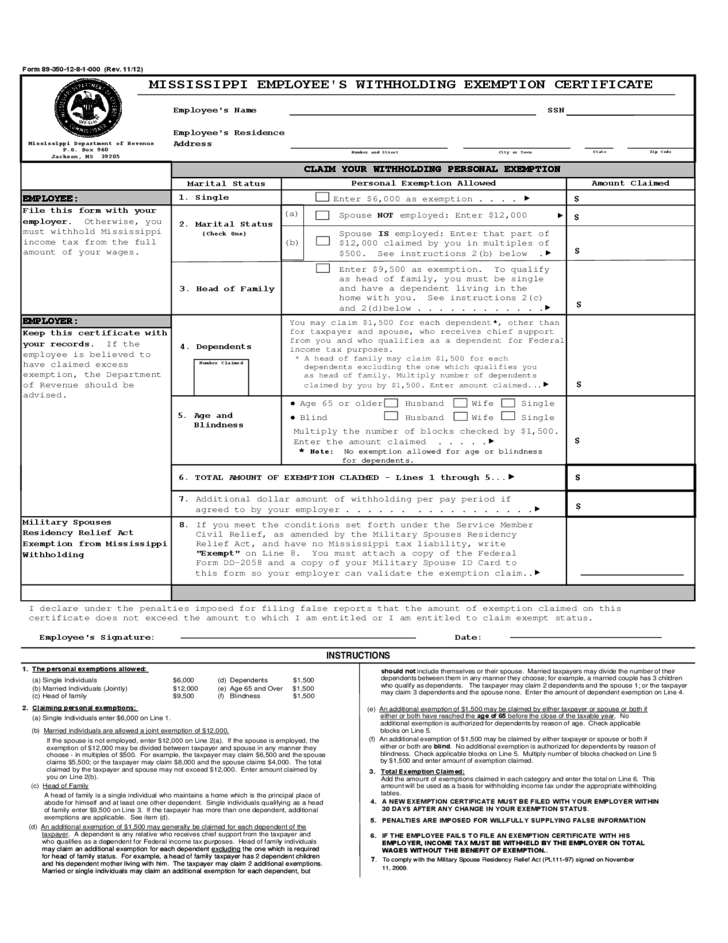 Employee s Withholding Exemption Certificate Mississippi Free Download