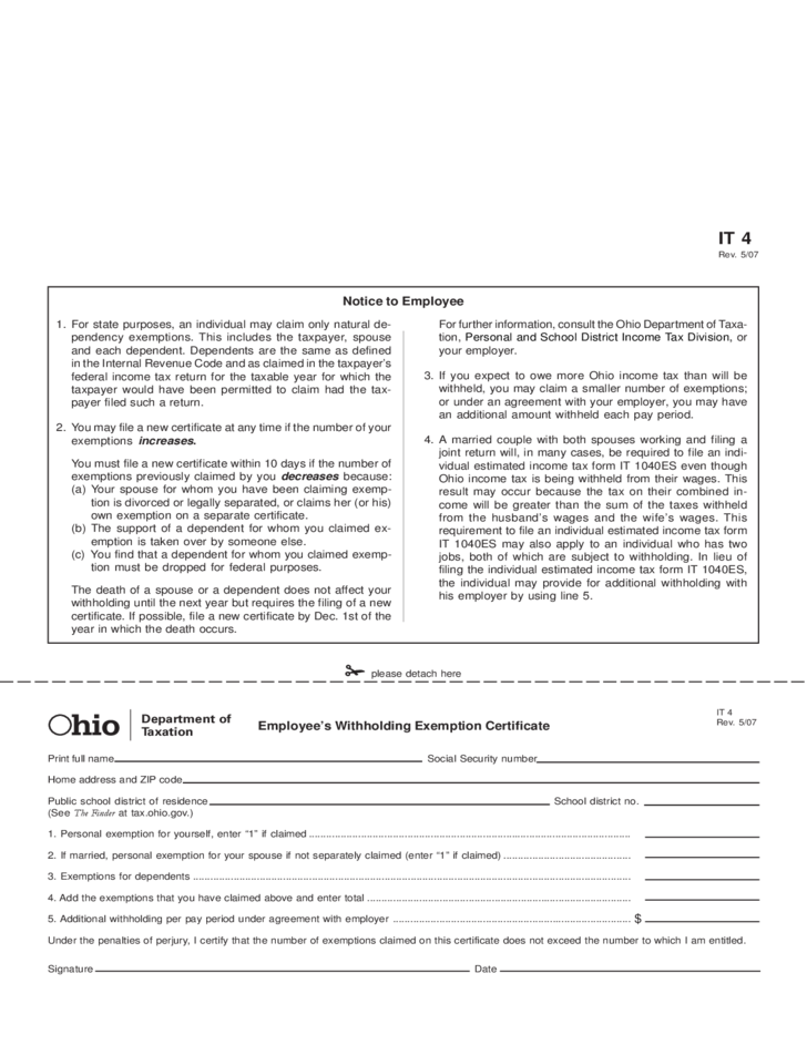 Employee s Withholding Exemption Certificate Ohio Free Download