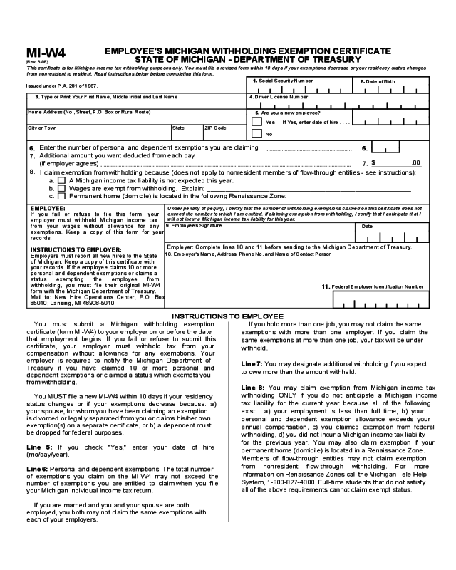 Employee Withholding Exemption Certificate Michigan Edit Fill 