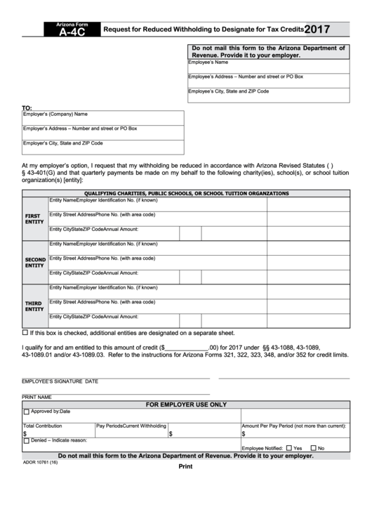 Fillable Arizona Form A 4c Request For Reduced Withholding To 