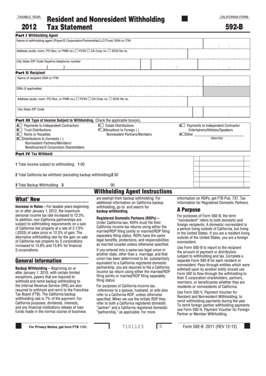 Fillable California Form 592 B Resident And Nonresident Withholding 