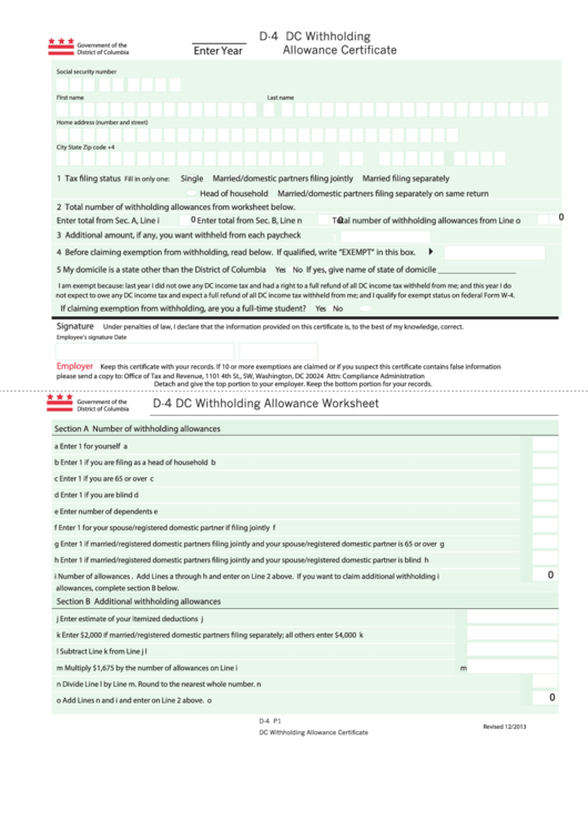 Fillable D 4 Dc Withholding Allowance Certificate Printable Pdf Download
