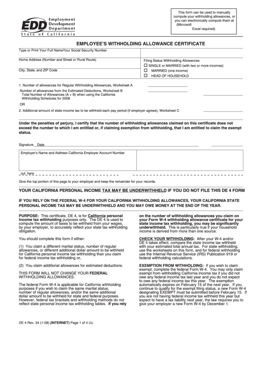 Fillable Employee S Withholding Allowance Certificate Printable Pdf 