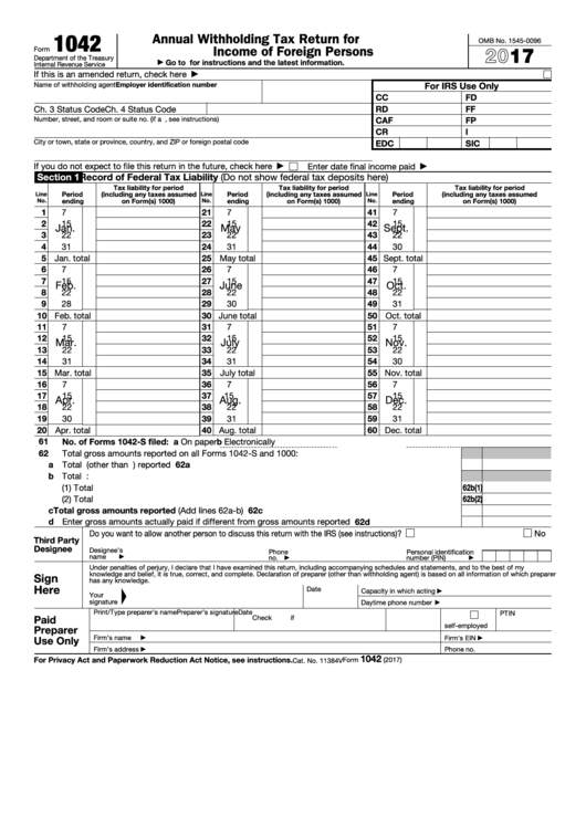 Fillable Form 1042 Annual Withholding Tax Return For U s Source 