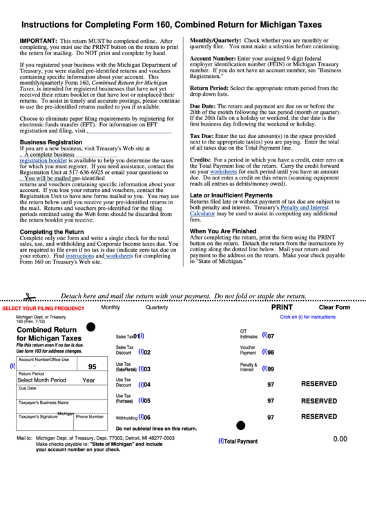 Fillable Form 160 Combined Return For Michigan Taxes Printable Pdf 