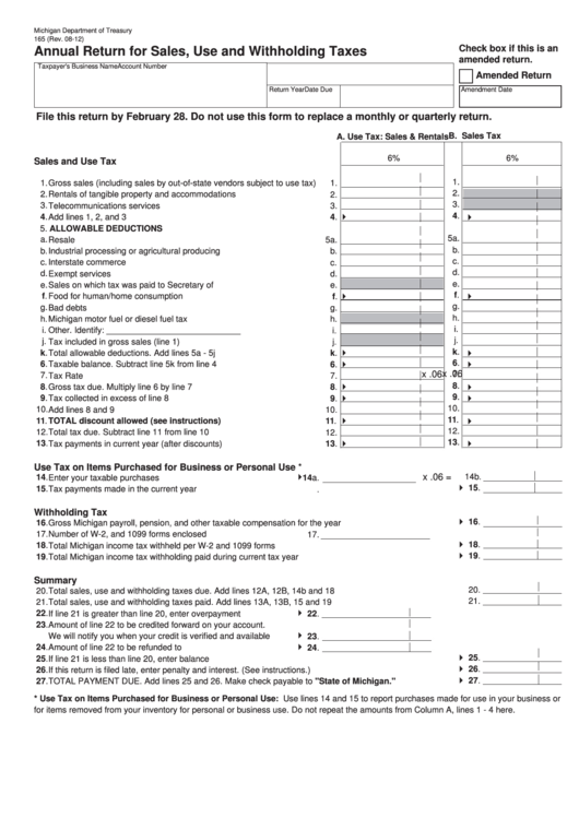 Fillable Form 165 Annual Return For Sales Use And Withholding Taxes