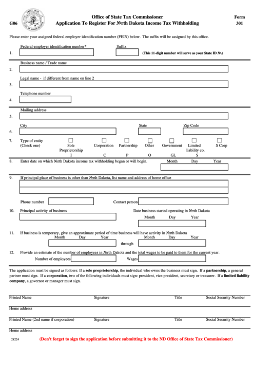 Fillable Form 301 Application To Register For North Dakota Income Tax 